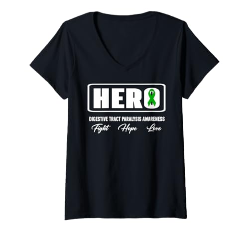 Damen DTP Hero Awareness - Bewusstsein für Verdauungstraktlähmung T-Shirt mit V-Ausschnitt von DTP Awareness Apparel.