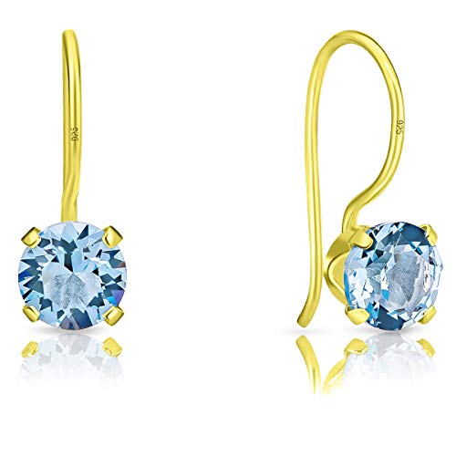 DTPSilver - Damen Haken Ohrringe 925 Sterling Silber Gelb Vergoldet mit Kristallen 6 mm Runde - Farbe : Aquamarin von DTPsilver