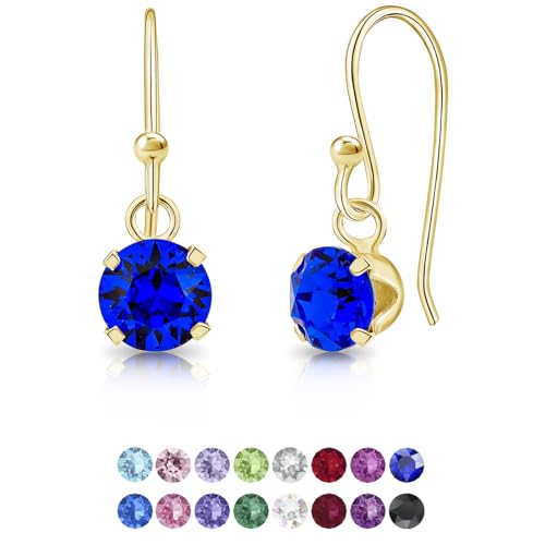 DTPSilver - Damen Haken Ohrringe 925 Sterling Silber Gelb Vergoldet mit Kristallen von Swarovski® Elements 6 mm Runde - Farbe : Majestätisches Blau von DTPsilver