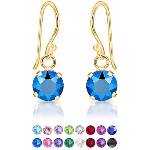 DTPSilver - Damen Haken Ohrringe 925 Sterling Silber Gelb Vergoldet mit Kristallen von Swarovski® Elements 6 mm Runde - Farbe : Metallisches Blau von DTPsilver