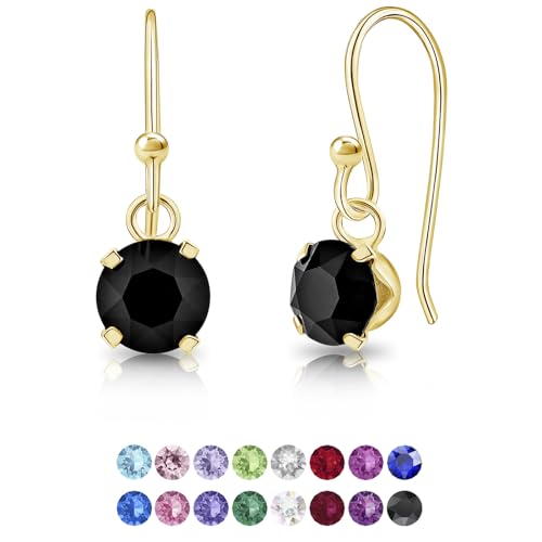 DTPSilver - Damen Haken Ohrringe 925 Sterling Silber Gelb Vergoldet mit Kristallen von Swarovski® Elements 6 mm Runde - Farbe : Schwarz von DTPsilver