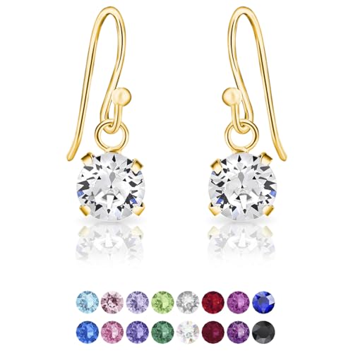 DTPSilver - Damen Haken Ohrringe 925 Sterling Silber Gelb Vergoldet mit Kristallen von Swarovski® Elements 6 mm Runde - Farbe : klare Kristalle von DTPsilver