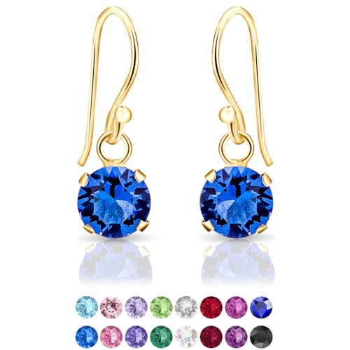 DTPSilver - Damen Haken Ohrringe 925 Sterling Silber Gelb Vergoldetmit Kristallen von Swarovski® Elements 6 mm Runde - Farbe : Blauer Saphir von DTPsilver