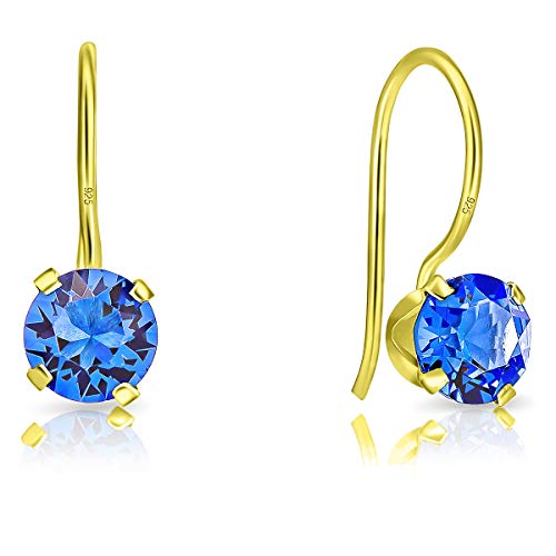 DTPSilver - Damen Haken Ohrringe 925 Sterling Silber Gelb Vergoldetmit Kristallen von Swarovski® Elements 6 mm Runde - Farbe : Blauer Saphir von DTPsilver