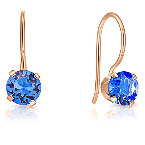 DTPSilver - Damen Haken Ohrringe 925 Sterling Silber Rosèvergoldet mit Kristallen von Swarovski® Elements 6 mm Runde - Farbe : Blauer Saphir von DTPsilver