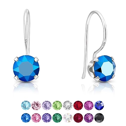 DTPSilver - Damen Haken Ohrringe 925 Sterling Silber mit Kristallen 6 mm Runde - Farbe : Metallisches Blau von DTPsilver