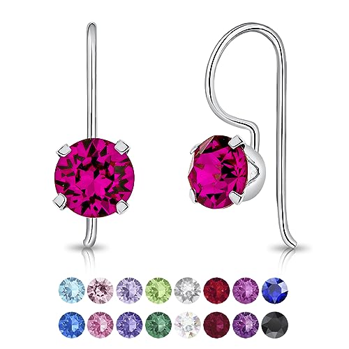 DTPSilver - Damen Haken Ohrringe 925 Sterling Silber und mit Kristallen von Swarovski® Elements 6 mm Runde - Farbe : Fuchsie von DTPsilver