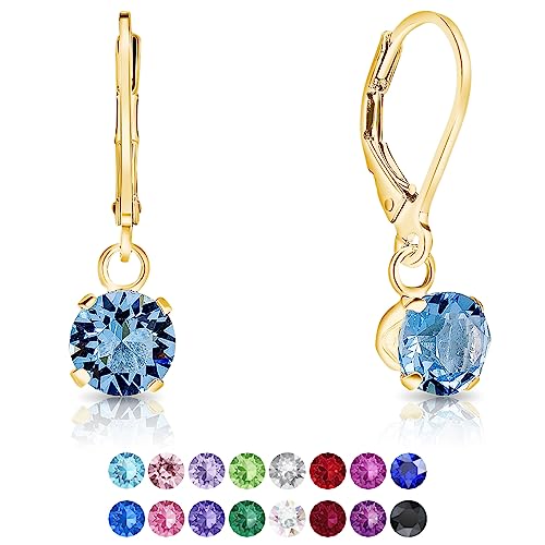 DTPSilver - Damen Klappbügel Ohrringe 925 Sterling Silber Gelb Vergoldet mit Kristallen von Swarovski® Elements 6 mm Runde - Farbe : Aquamarin von DTPsilver