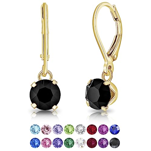 DTPSilver - Damen Klappbügel Ohrringe 925 Sterling Silber Gelb Vergoldet mit Kristallen 6 mm Runde - Farbe : Schwarz von DTPsilver