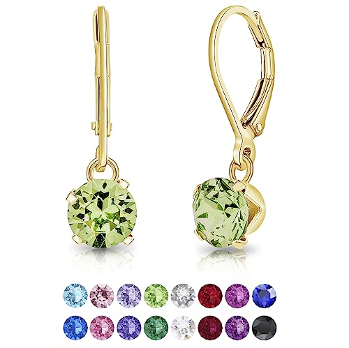 DTPSilver - Damen Klappbügel Ohrringe 925 Sterling Silber Gelb Vergoldet mit Kristallen von Swarovski® Elements 6 mm Runde Ohrstecker - Farbe : Peridot von DTPsilver