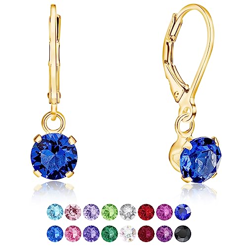 DTPSilver - Damen Klappbügel Ohrringe 925 Sterling Silber Gelb Vergoldetmit Kristallen von Swarovski® Elements 6 mm Runde - Farbe : Blauer Saphir von DTPsilver
