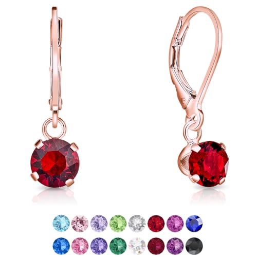 DTPSilver - Damen Klappbügel Ohrringe 925 Sterling Silber Rosèvergoldet mit Kristallen von Swarovski® Elements 6 mm Runde - Farbe : Light Siam Rot von DTPsilver