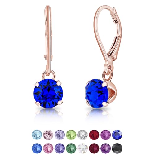 DTPSilver - Damen Klappbügel Ohrringe 925 Sterling Silber Rosèvergoldet mit Kristallen von Swarovski® Elements 6 mm Runde - Farbe : Majestätisches Blau von DTPsilver