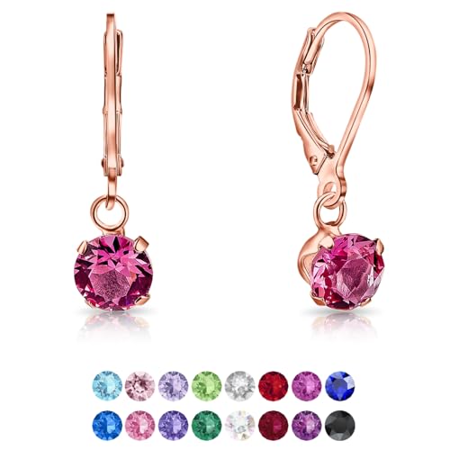 DTPSilver - Damen Klappbügel Ohrringe 925 Sterling Silber Rosèvergoldet mit Kristallen von Swarovski® Elements 6 mm Runde - Farbe : Rosa von DTPsilver