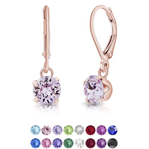 DTPSilver - Damen Klappbügel Ohrringe 925 Sterling Silber Rosèvergoldet mit Kristallen von Swarovski® Elements 6 mm Runde - Farbe : Violett von DTPsilver