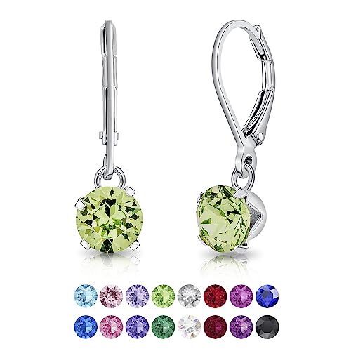 DTPSilver - Damen Klappbügel Ohrringe 925 Sterling Silber und mit Kristallen von Swarovski® Elements 6 mm Runde - Farbe : Peridot von DTPsilver