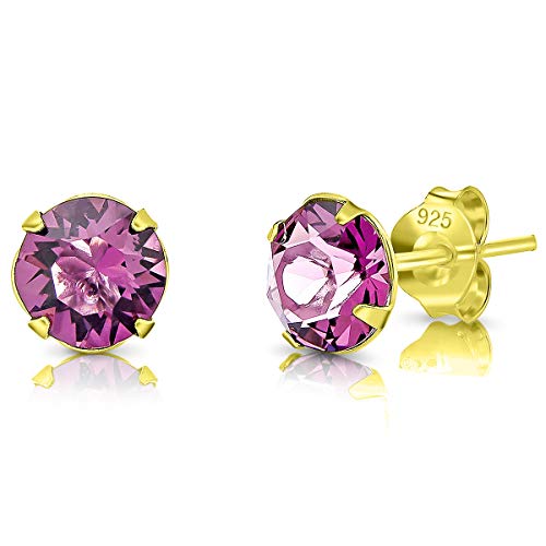 DTPSilver - Damen Ohrringe 925 Sterling Silber Gelb Vergoldet mit Kristallen von Swarovski® Elements 6 mm Runde Ohrstecker - Farbe : Amethyst von DTPsilver