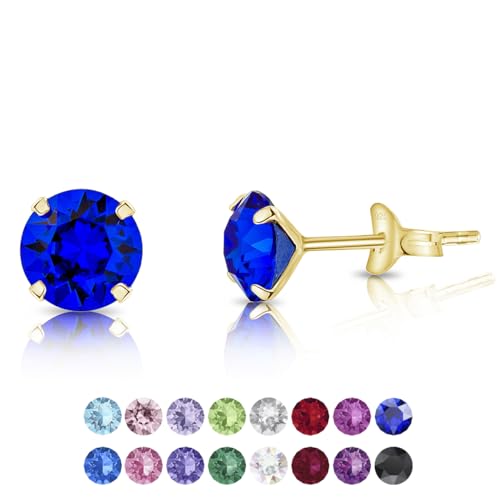 DTPSilver - Damen Ohrringe 925 Sterling Silber Gelb Vergoldet mit Kristallen von Swarovski® Elements 6 mm Runde Ohrstecker - Farbe : Majestätisches Blau von DTPsilver