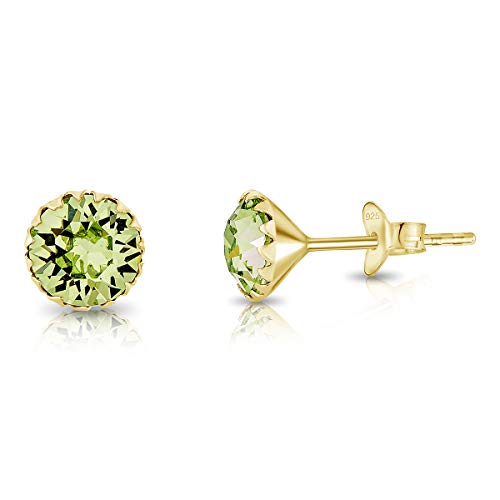 DTPSilver - Damen Ohrringe 925 Sterling Silber Gelb Vergoldet mit Kristallen von Swarovski® Elements 6 mm Runde Ohrstecker - Farbe : Peridot von DTPsilver