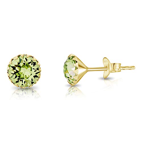 DTPSilver - Damen Ohrringe 925 Sterling Silber Gelb Vergoldet mit Kristallen von Swarovski® Elements 6 mm Runde Ohrstecker - Farbe : Peridot von DTPsilver