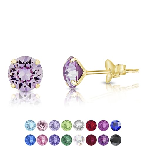 DTPSilver - Damen Ohrringe 925 Sterling Silber Gelb Vergoldet mit Kristallen von Swarovski® Elements 6 mm Runde Ohrstecker - Farbe : Violett von DTPsilver