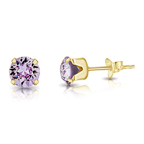 DTPSilver - Damen Ohrringe 925 Sterling Silber Gelb Vergoldet mit Kristallen von Swarovski® Elements 6 mm Runde Ohrstecker - Farbe : Violett von DTPsilver