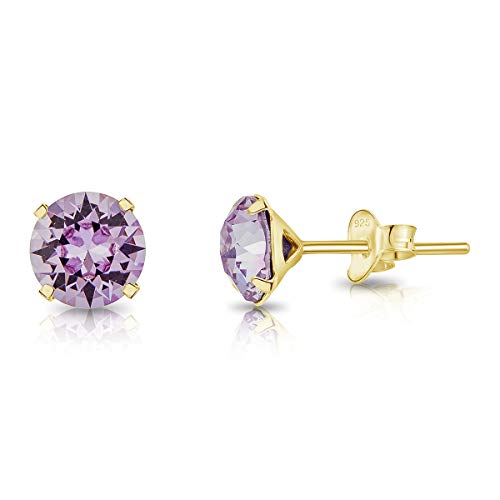 DTPSilver - Damen Ohrringe 925 Sterling Silber Gelb Vergoldet mit Kristallen von Swarovski® Elements 6 mm Runde Ohrstecker - Farbe : Violett von DTPsilver