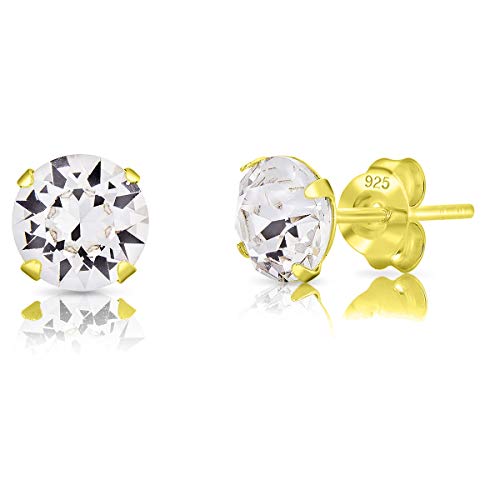 DTPSilver - Damen Ohrringe 925 Sterling Silber Gelb Vergoldet mit Kristallen von Swarovski® Elements 6 mm Runde Ohrstecker - Farbe : klare Kristalle von DTPsilver