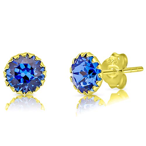 DTPSilver - Damen Ohrringe 925 Sterling Silber Gelb Vergoldetmit Kristallen von Swarovski® Elements 6 mm Runde Ohrstecker - Farbe : Blauer Saphir von DTPsilver