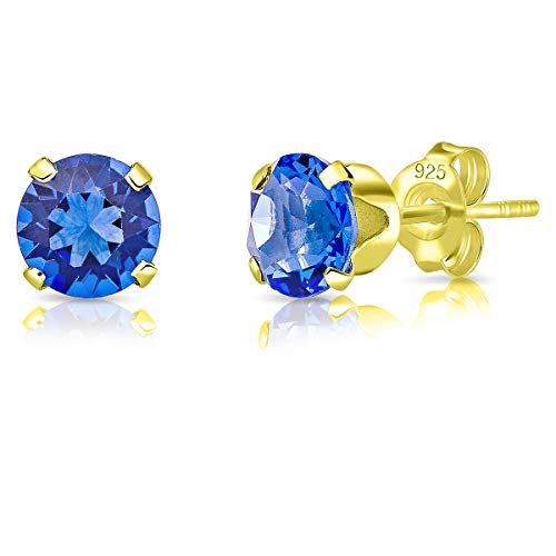 DTPSilver - Damen Ohrringe 925 Sterling Silber Gelb Vergoldetmit Kristallen 6 mm Runde Ohrstecker - Farbe : Blauer Saphir von DTPsilver