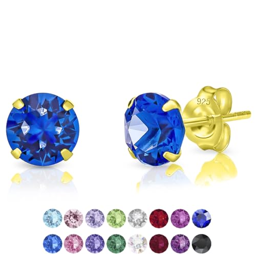 DTPSilver - Damen Ohrringe 925 Sterling Silber Gelb Vergoldetmit Kristallen von Swarovski® Elements 6 mm Runde Ohrstecker - Farbe : Blauer Saphir von DTPsilver