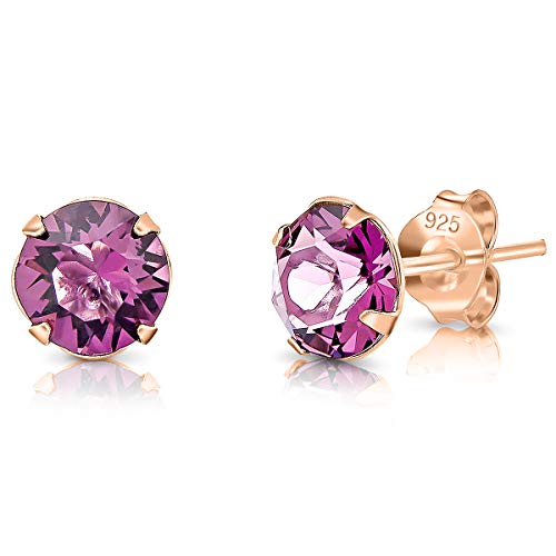 DTPSilver - Damen Ohrringe 925 Sterling Silber Rosèvergoldet mit Kristallen von Swarovski® Elements 6 mm Runde Ohrstecker - Farbe : Amethyst von DTPsilver