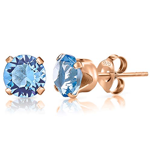 DTPSilver - Damen Ohrringe 925 Sterling Silber Rosèvergoldet mit Kristallen von Swarovski® Elements 6 mm Runde Ohrstecker - Farbe : Aquamarin von DTPsilver