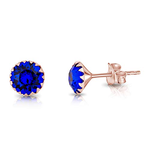 DTPSilver - Damen Ohrringe 925 Sterling Silber Rosèvergoldet mit Kristallen von Swarovski® Elements 6 mm Runde Ohrstecker - Farbe : Majestätisches Blau von DTPsilver