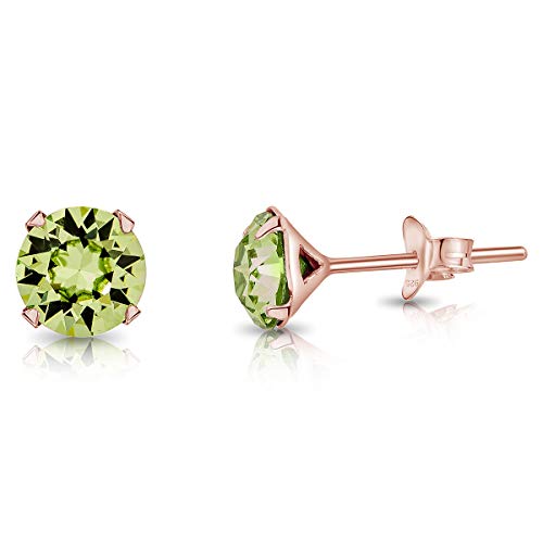 DTPSilver - Damen Ohrringe 925 Sterling Silber Rosèvergoldet mit Kristallen von Swarovski® Elements 6 mm Runde Ohrstecker - Farbe : Peridot von DTPsilver