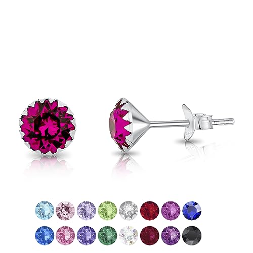 DTPSilver - Damen Ohrringe 925 Sterling Silber und mit Kristallen 6 mm Runde Ohrstecker - Farbe : Fuchsie von DTPsilver