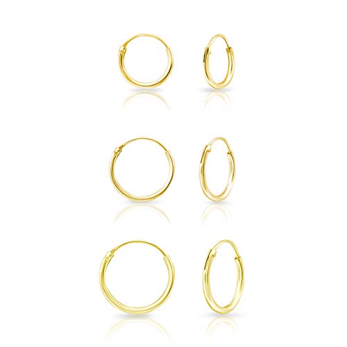 DTPsilver® 3 Paare WINZIGE Creolen Ohrringe 925 Sterling Silber Gelb Vergoldet - Knorpel/Wendel/Tragus - Dicke 1.5 mm - Durchmesser 10, 12, 14 mm von DTPsilver