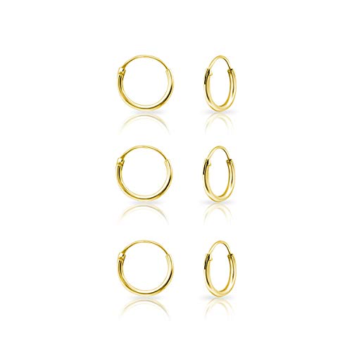 DTPsilver® 3 Paare WINZIGE Creolen Ohrringe 925 Sterling Silber Gelb Vergoldet - Knorpel/Wendel/Tragus - Dicke 1.5 mm - Durchmesser 10 mm von DTPsilver