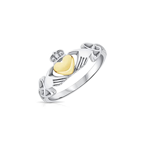 DTPsilver® 925 Sterling Silber Claddagh Ring - Liebe, Loyalität und Freundschaft - Gelb Vergoldet Herz, Mit keltischer Knoten von DTPsilver