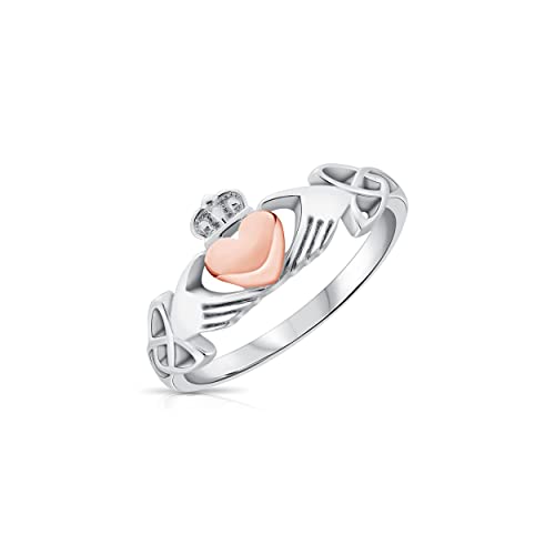 DTPsilver® 925 Sterling Silber Claddagh Ring - Liebe, Loyalität und Freundschaft - Rosen-Gold überzogen Herz, Mit keltischer Knoten von DTPsilver