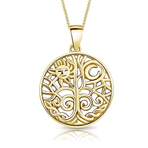 DTPsilver® 925 Sterling Silber Gelb Vergoldet Halskette - Baum des Lebens Sonne und Mondsymbol Anhänger - kette Breite: 1,2 mm - Verstellbare Länge: 40 bis 45 cm von DTPsilver