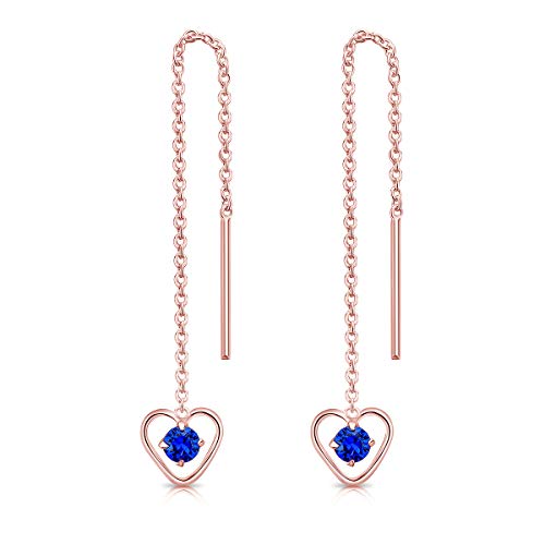 DTPsilver® Durch Ohrringe ziehen 925 Sterling Silber Rosen-Gold überzogen mit Baumelnde Herz und 3 mm runden Swarovski® Elements Kristall - Länge 68 mm - Farbe : Majestätisches Blau von DTPsilver