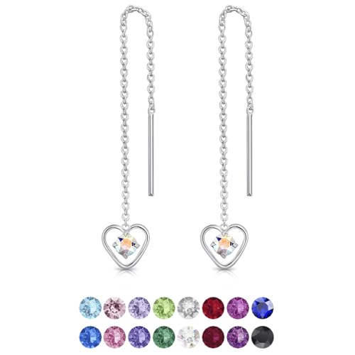 DTPsilver® Durch Ohrringe ziehen 925 Sterling Silber mit Baumelnde Herz und 3 mm runden Swarovski® Elements Kristall - Länge 68 mm - Farbe : Aurore Boreale von DTPsilver