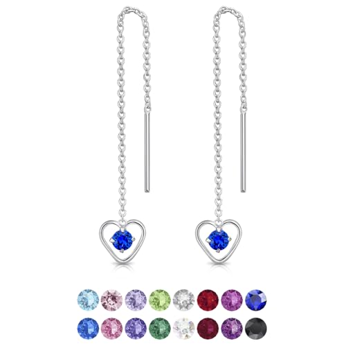 DTPsilver® Durch Ohrringe ziehen 925 Sterling Silber mit Baumelnde Herz und 3 mm runden Swarovski® Elements Kristall - Länge 68 mm - Farbe : Majestätisches Blau von DTPsilver