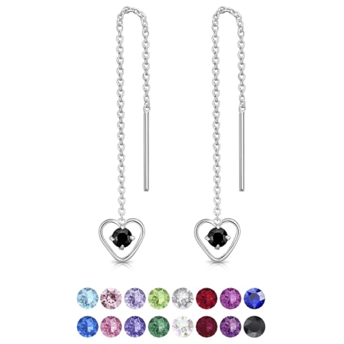 DTPsilver® Durch Ohrringe ziehen 925 Sterling Silber mit Baumelnde Herz und 3 mm runden Swarovski® Elements Kristall - Länge 68 mm - Farbe : Schwarz von DTPsilver