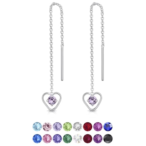 DTPsilver® Durch Ohrringe ziehen 925 Sterling Silber mit Baumelnde Herz und 3 mm runden Swarovski® Elements Kristall - Länge 68 mm - Farbe : Violett von DTPsilver