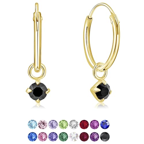DTPsilver® KLEINE Creolen Ohrringe 925 Sterling Silber Gelb Vergoldet mit 3 mm Baumelnde Kristall - Mädchen - Dicke 1.2 mm - Durchmesser 12 mm - Farbe : Schwarz von DTPsilver