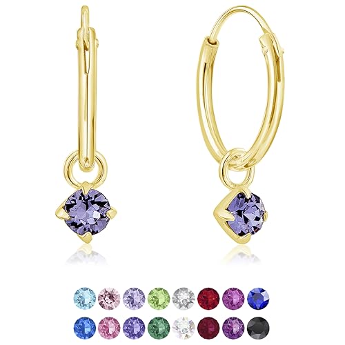DTPsilver® KLEINE Creolen Ohrringe 925 Sterling Silber Gelb Vergoldet mit 3 mm Baumelnde Swarovski® Elements Kristall - Mädchen - Dicke 1.2 mm - Durchmesser 12 mm - Farbe : Tansanit von DTPsilver