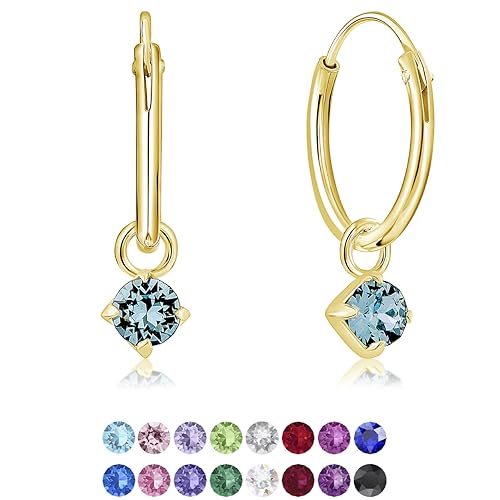 DTPsilver® KLEINE Creolen Ohrringe 925 Sterling Silber Gelb Vergoldet mit 3 mm Baumelnde Swarovski® Elements Kristall - Mädchen - Dicke 1.5 mm - Durchmesser 14 mm - Farbe : Aquamarin von DTPsilver
