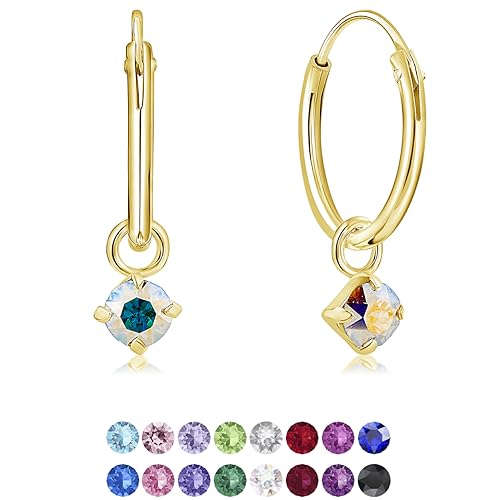 DTPsilver® KLEINE Creolen Ohrringe 925 Sterling Silber Gelb Vergoldet mit 3 mm Baumelnde Swarovski® Elements Kristall - Mädchen - Dicke 1.5 mm - Durchmesser 14 mm - Farbe : Aurore Boreale von DTPsilver